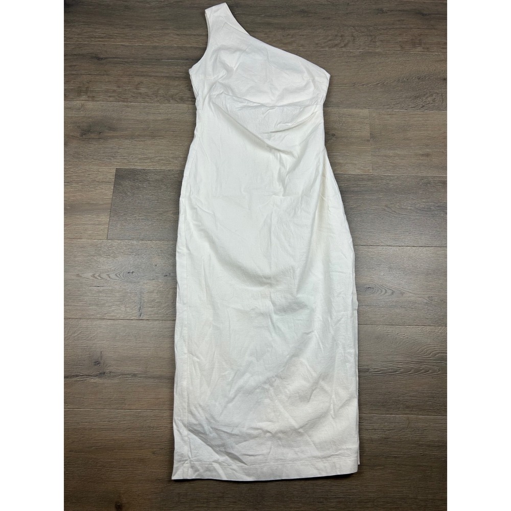Lulus White One Shoulder Ruched Midi Dress Womens Medium Asymmetrical Bodycon